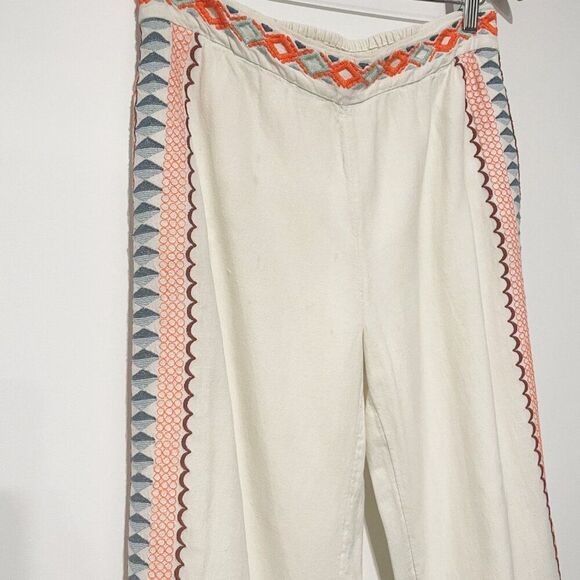 Anthropologie Ivory Islander Embroidered Straight Leg Cropped Pants 2 Boho Beach - Picture 2 of 10